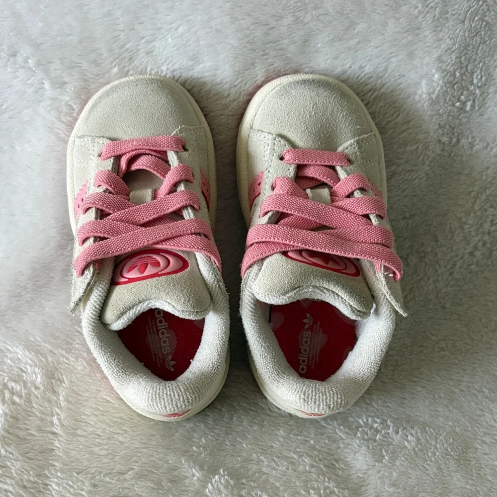 adidas Kids Cream Suede Sneakers with Pink Accents